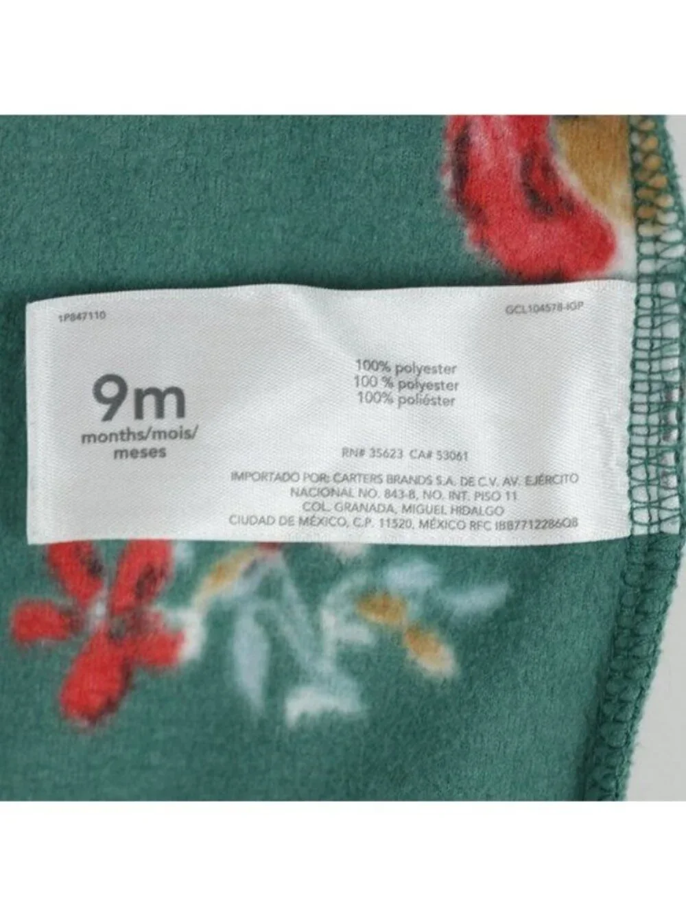 Carter's Infant Size 9 Months Green Red Floral Fleece Full Zip Footie Pajamas